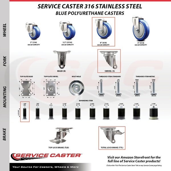 Service Caster 4 Inch 316SS Blue Poly Swivel 3/4 Inch Expanding Stem Caster Lock Brake, 2PK SS316TTLEX20S414-PPUB-BLUE-2-S-2-34 - main